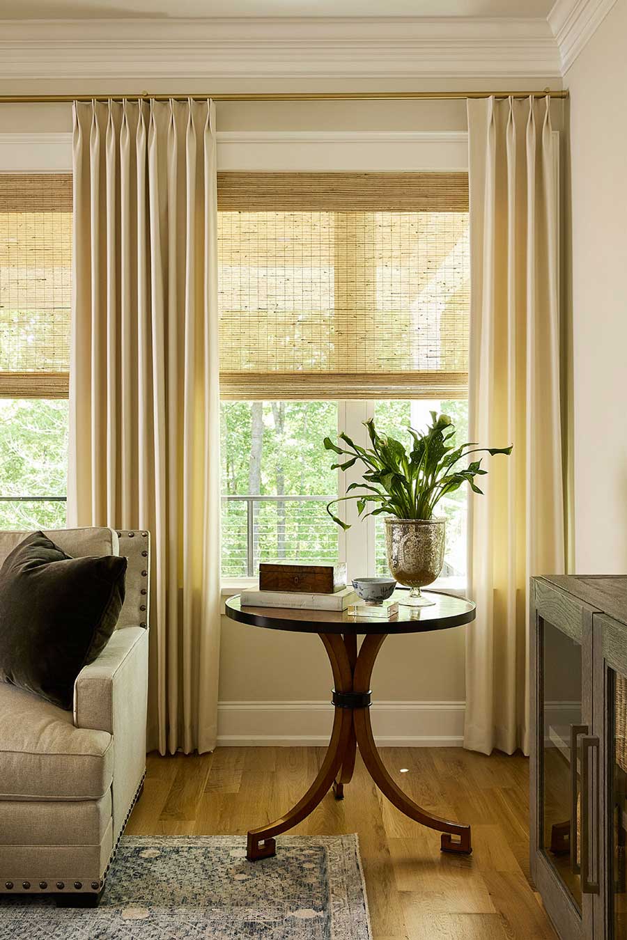 pleated drapery with gold curtain rod in Maple Grove MN