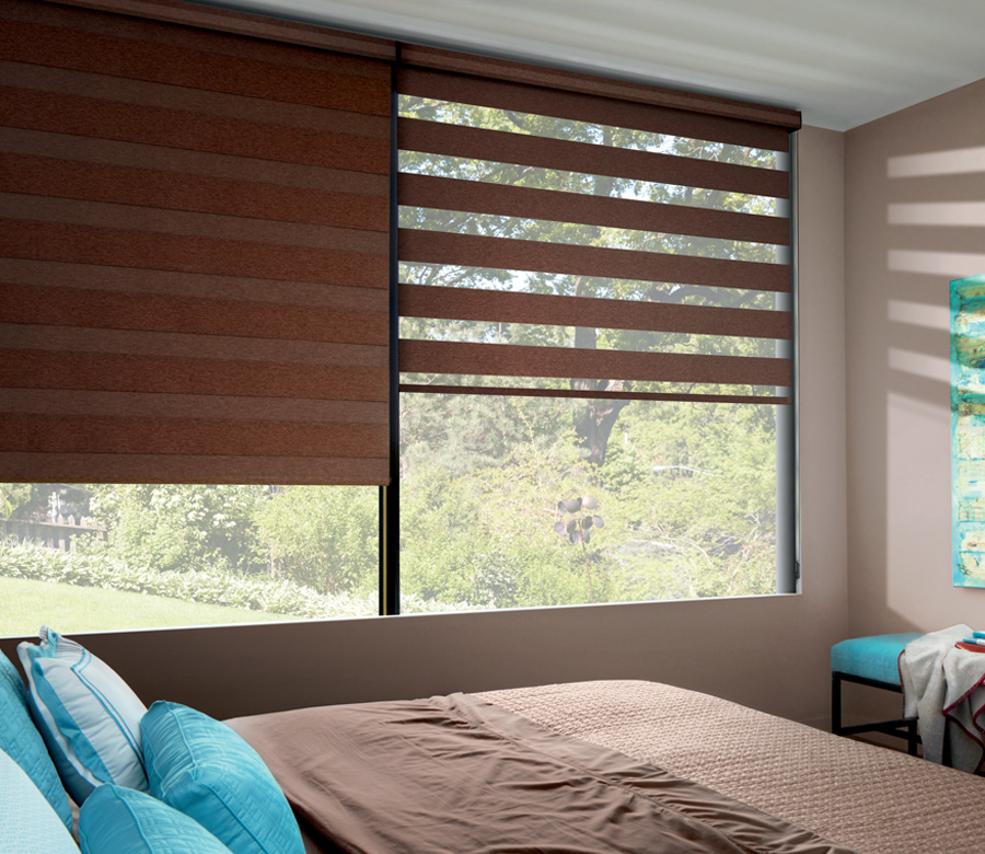 bedroom room darkening Hunter Douglas designer banded shades from sheer to opaque dual roller shades Maple Grove 55369