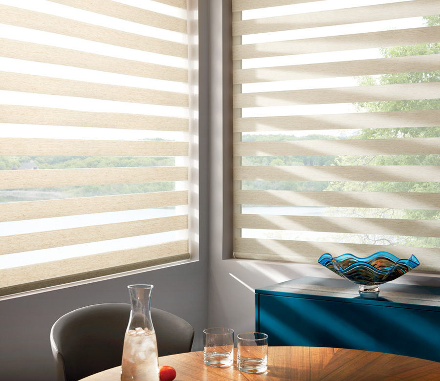 cream color Hunter Douglas designer banded shades from sheer to opaque dual roller shades Burnsville 55337