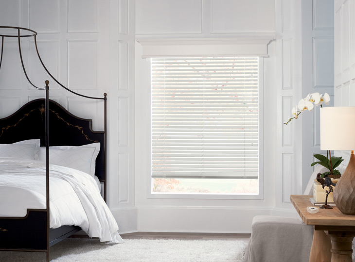 white bedroom white Hunter Douglas parkland wood blinds Burnsville MN