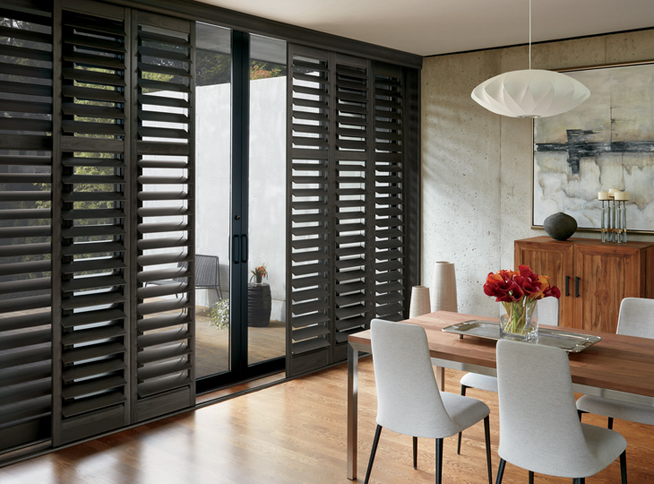 dining room dark interior shutters slidign glass window treatments Maple Grove MN