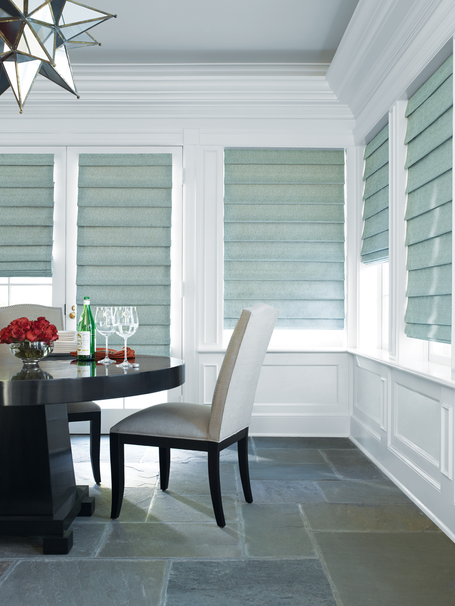 beautifully decorated holiday dining room vignette modern roman shades Hunter Douglas St Paul 55113