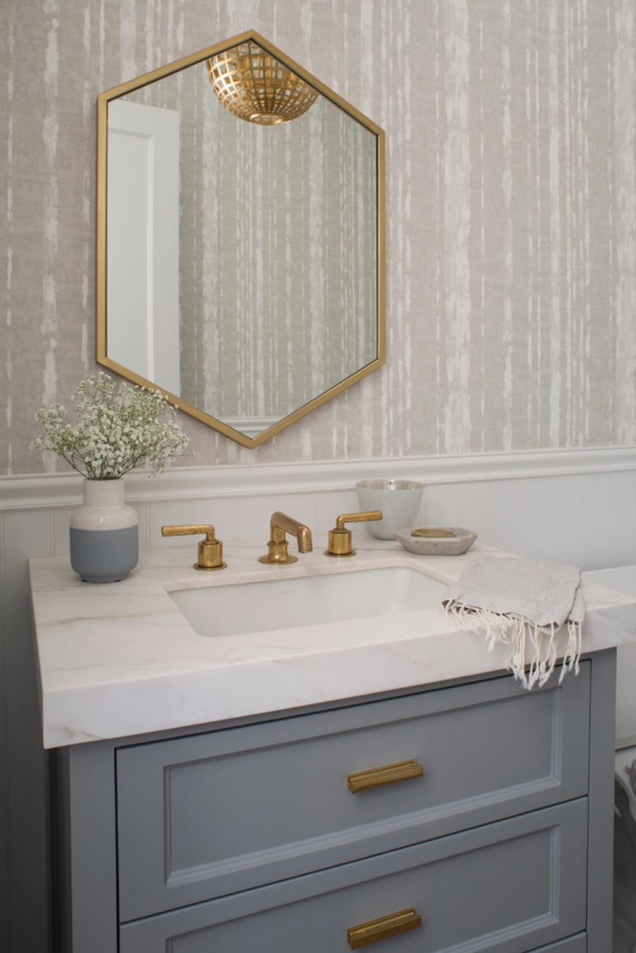 what goes with gold grey white bathroom Hunter Douglas St Paull 55113