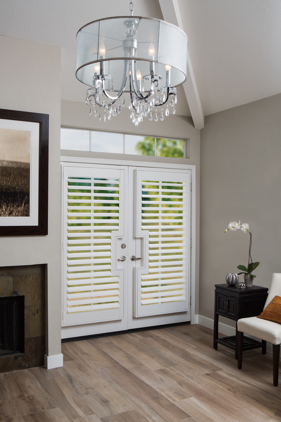 greige and white entryway plantation shutters Hunter Douglas ST Paul 55331