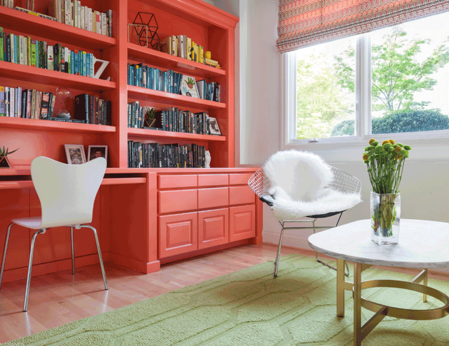 living coral office bookshelf colored collection of books Hunter Douglas St Paul 55113