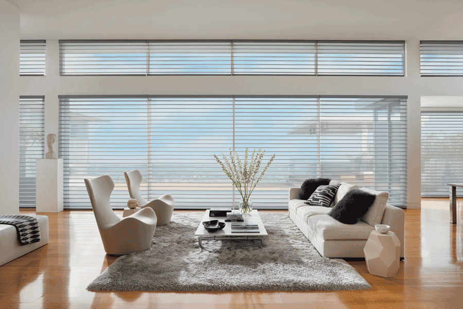 living room with floor to ceiling silhouette shades for home design in St Paul 55113