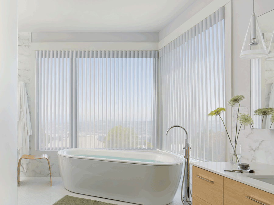 bathroom luminette sheer shades covering floor to ceiling windows Hunter Douglas St Paul 55113