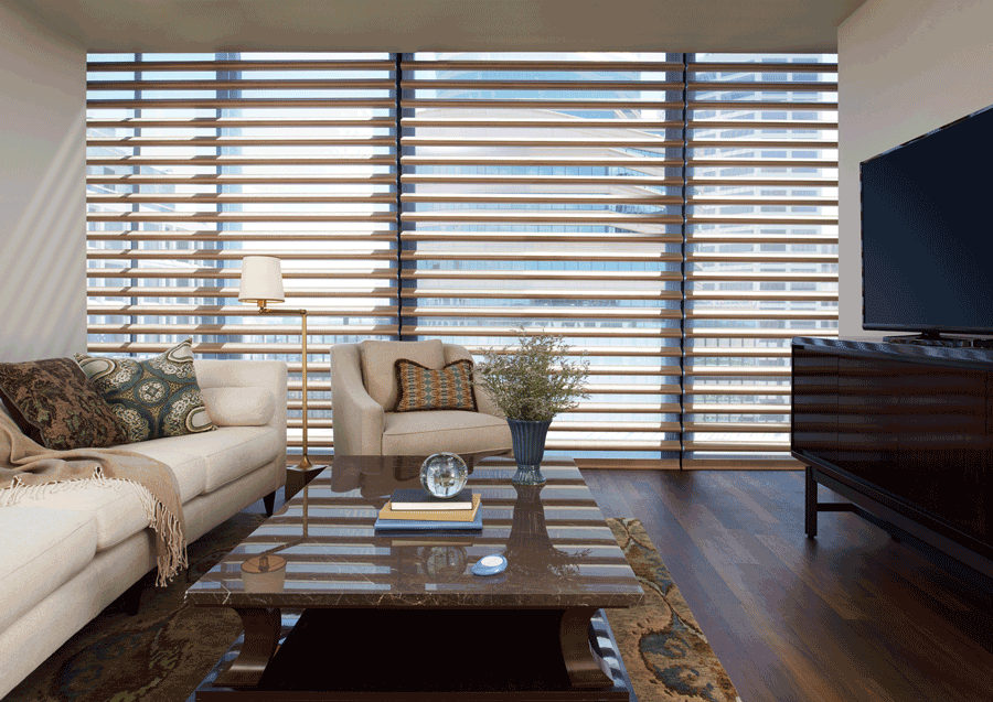 living room pirouette shades covering floor to ceiling windows Hunter Douglas St Paul 55113