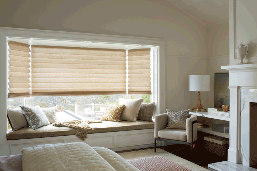 bay window with energy saving Vignette roman shades in bedroom St Paul, MN