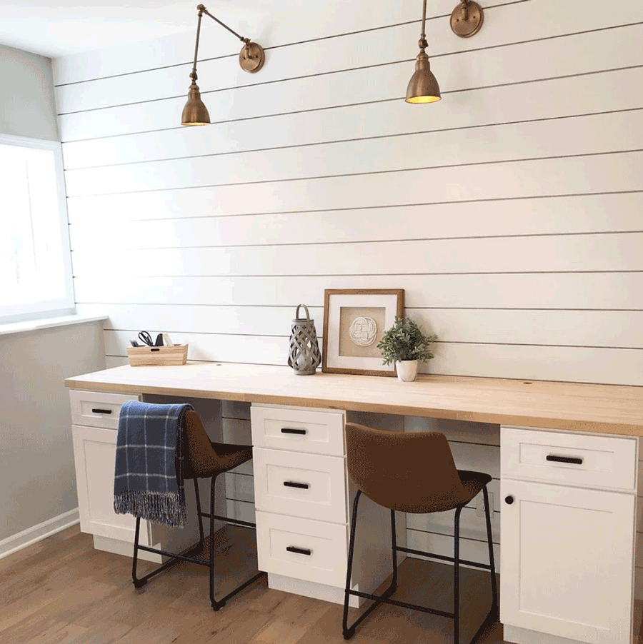 Farmhouse style home office with shiplap accent wall in Minneapolis, MN.