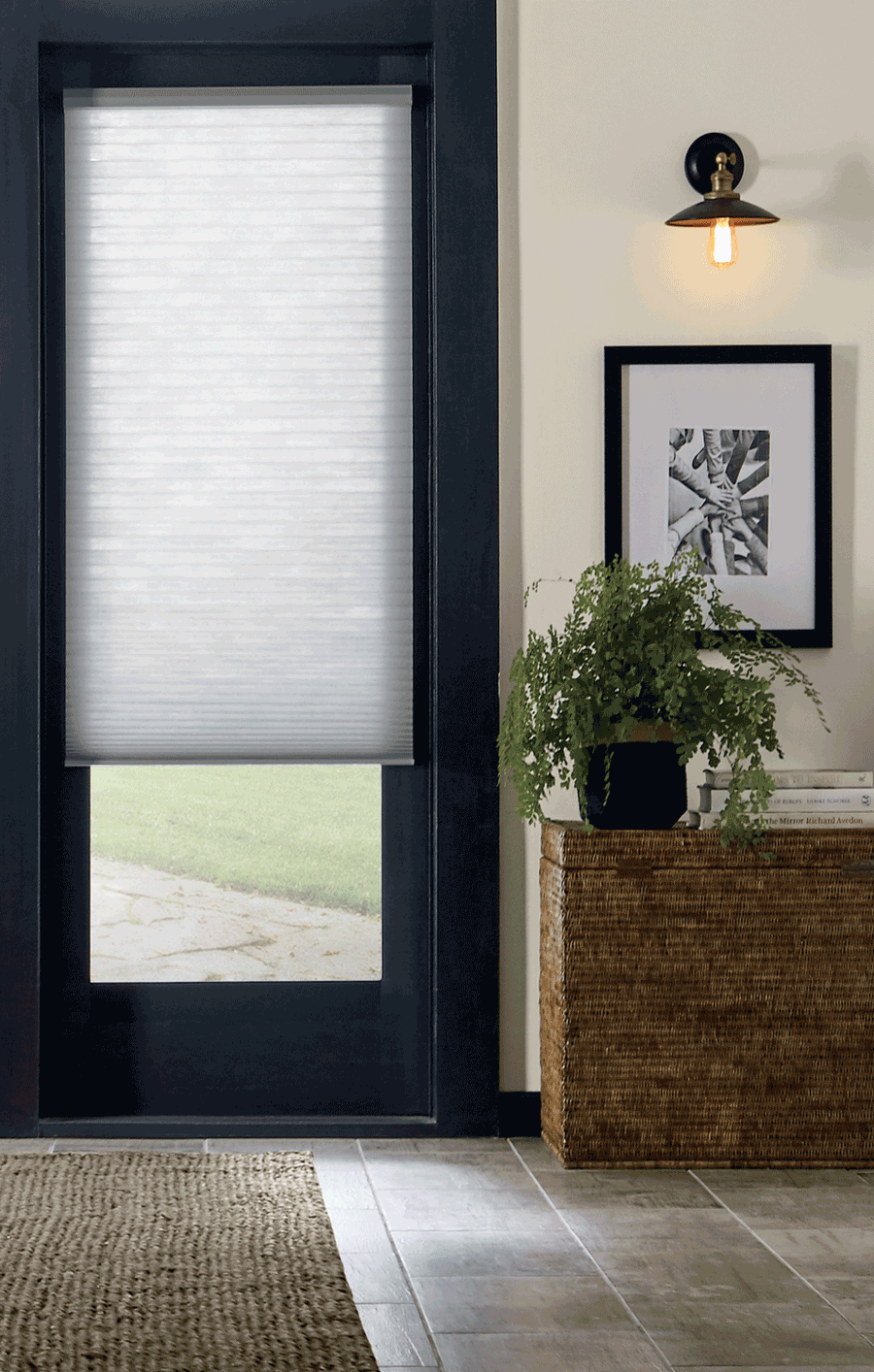 Door with motorized shades as a style statement in Minneapolis, MN.