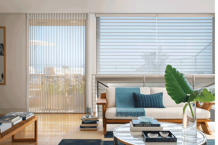 living room neutral colors coordinated window blinds St Paul