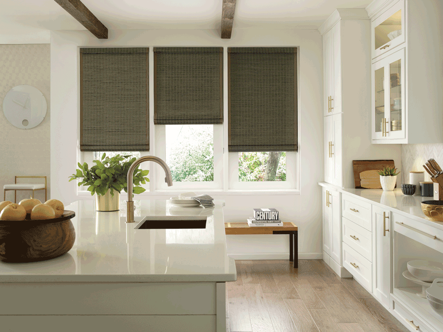 Woven farmhouse style window treatments in a Minneapolis kitchen.