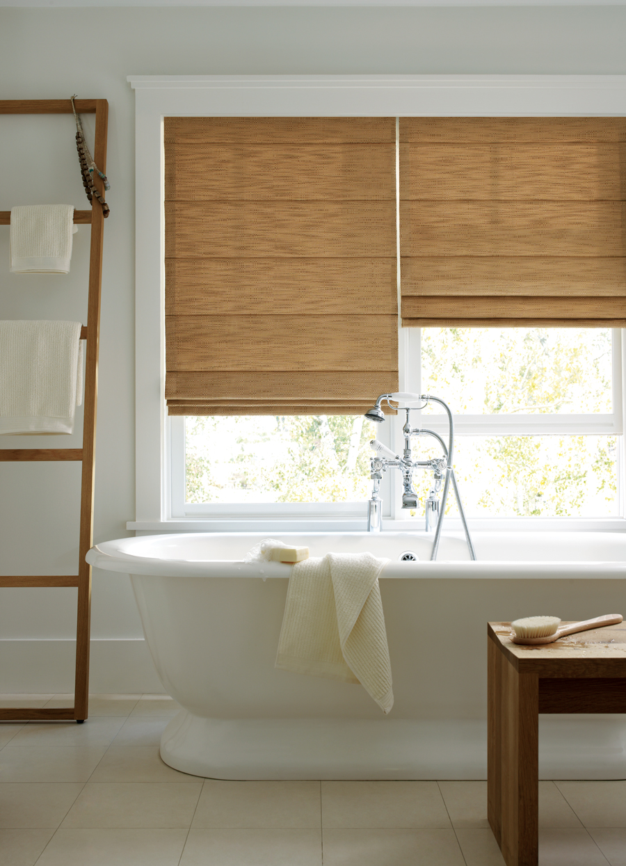 Energy efficient contemporary white bathroom design with design studio window treatments roman shades Maple Grove 55369