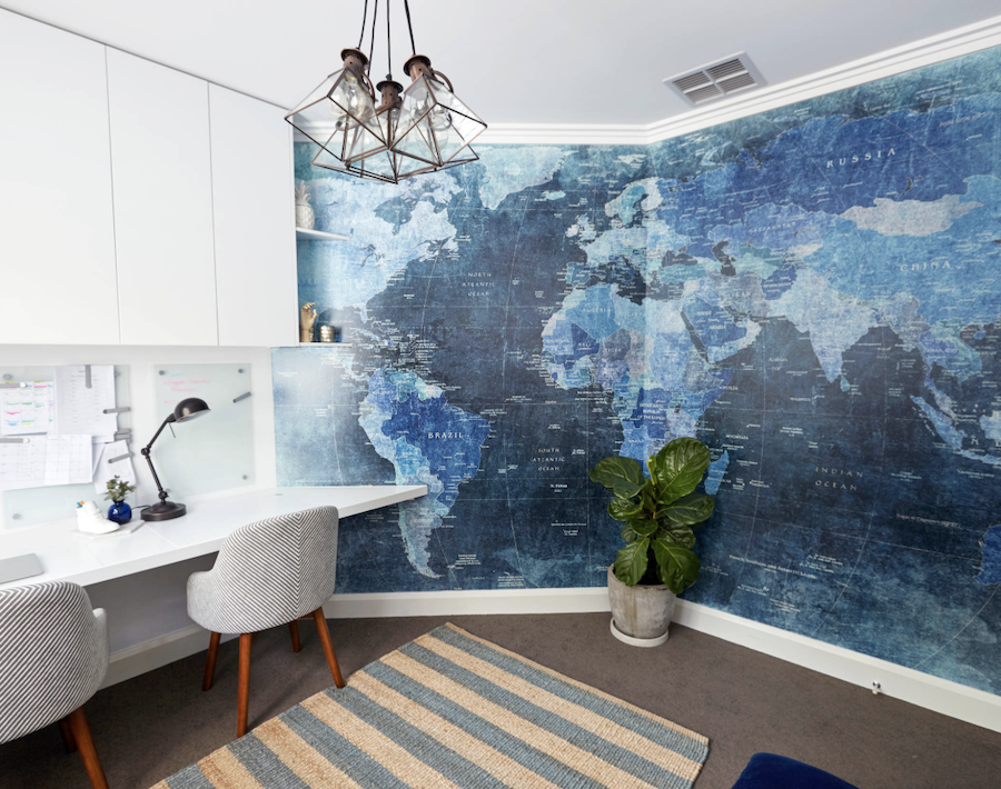 world map mural in shades of blue