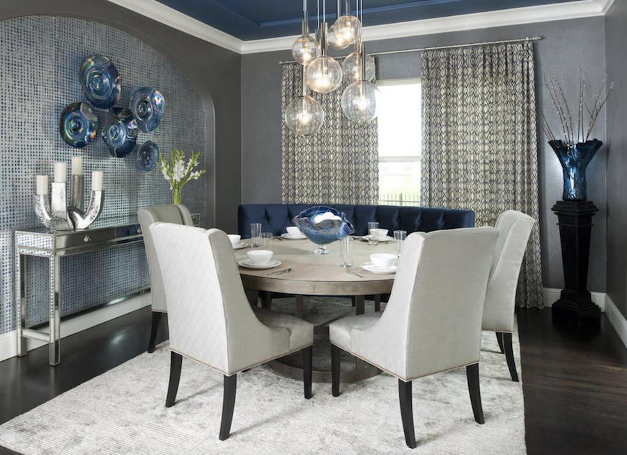 classic blue pantone color on ceiling in dining room