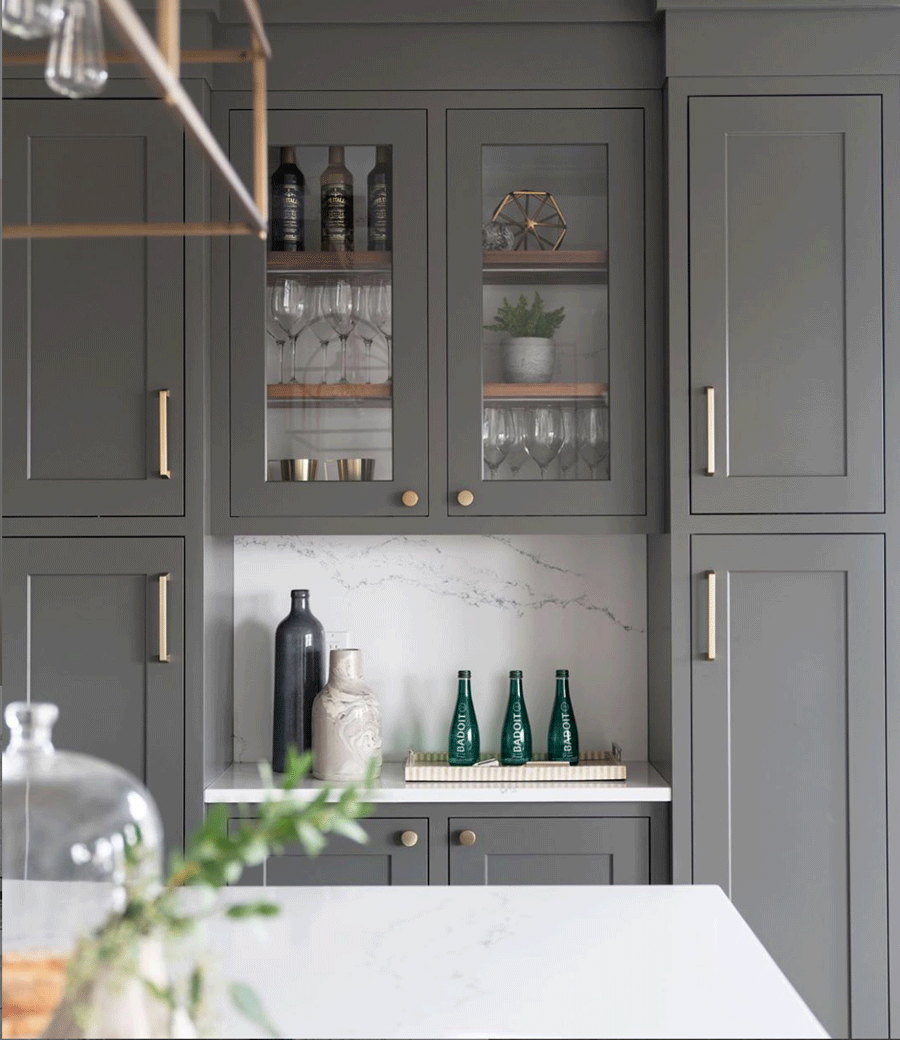 gray cabinets with gold hardware