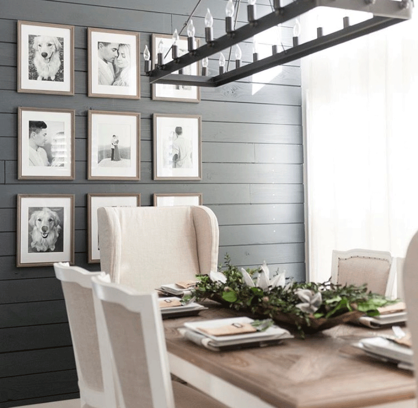 Dark shiplap is an eye catcher in this dining room.