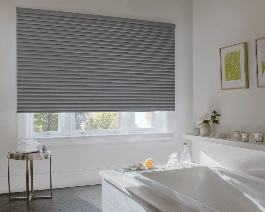 Bathroom with room darkening shades for added privacy.