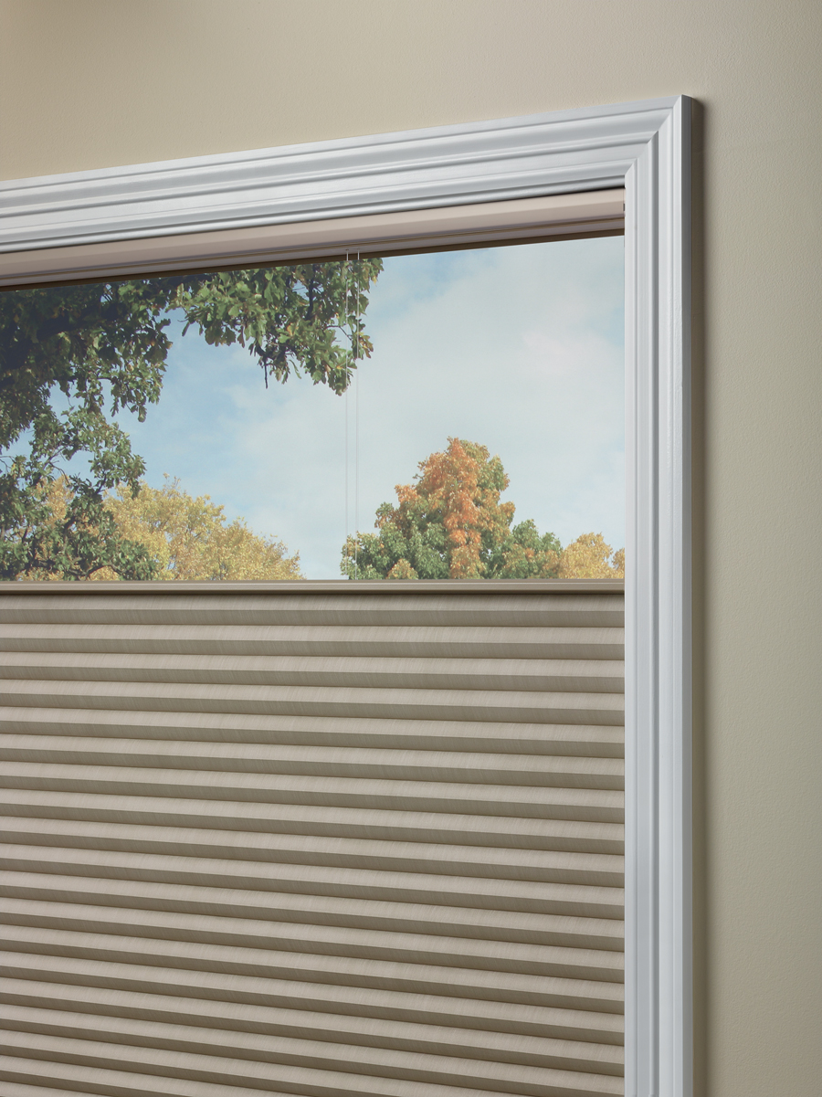 close up of top down honeycomb shades as thermal window treatments in Maple Grove MN