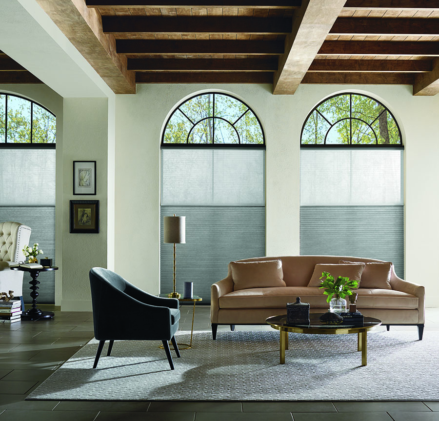 dining room arched windwos neutrals honeycomb shades