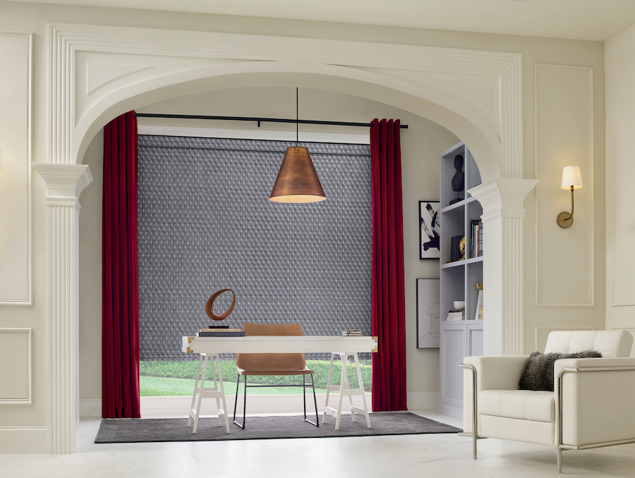 Designer Roller Shades in a home office with red draperies in favorite design picks