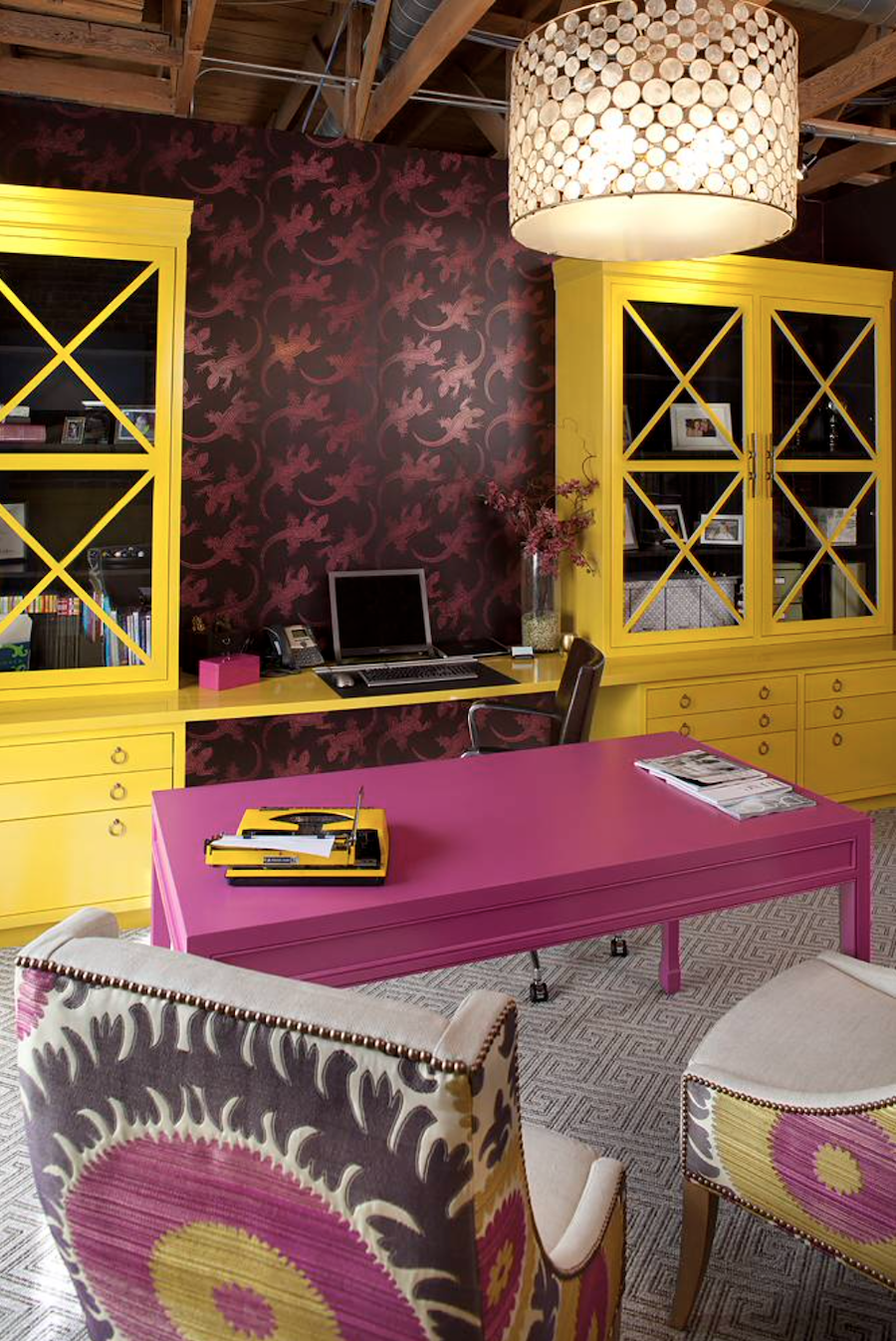 pink and yellow themed home office work space