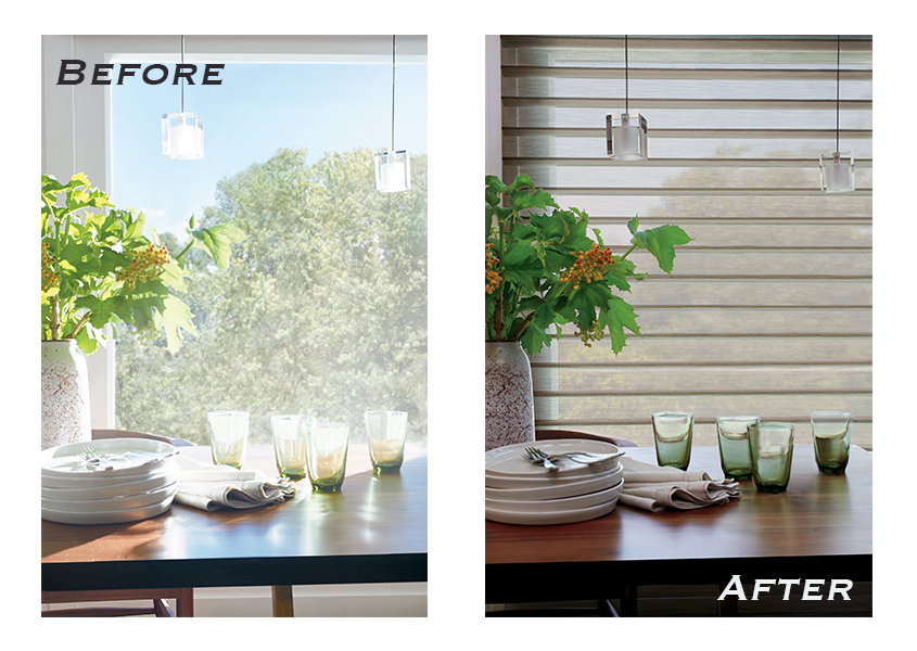 dining room before and after using window shades St Paul, MN