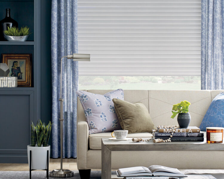 living room with layered shades and draperies in St Paul MN