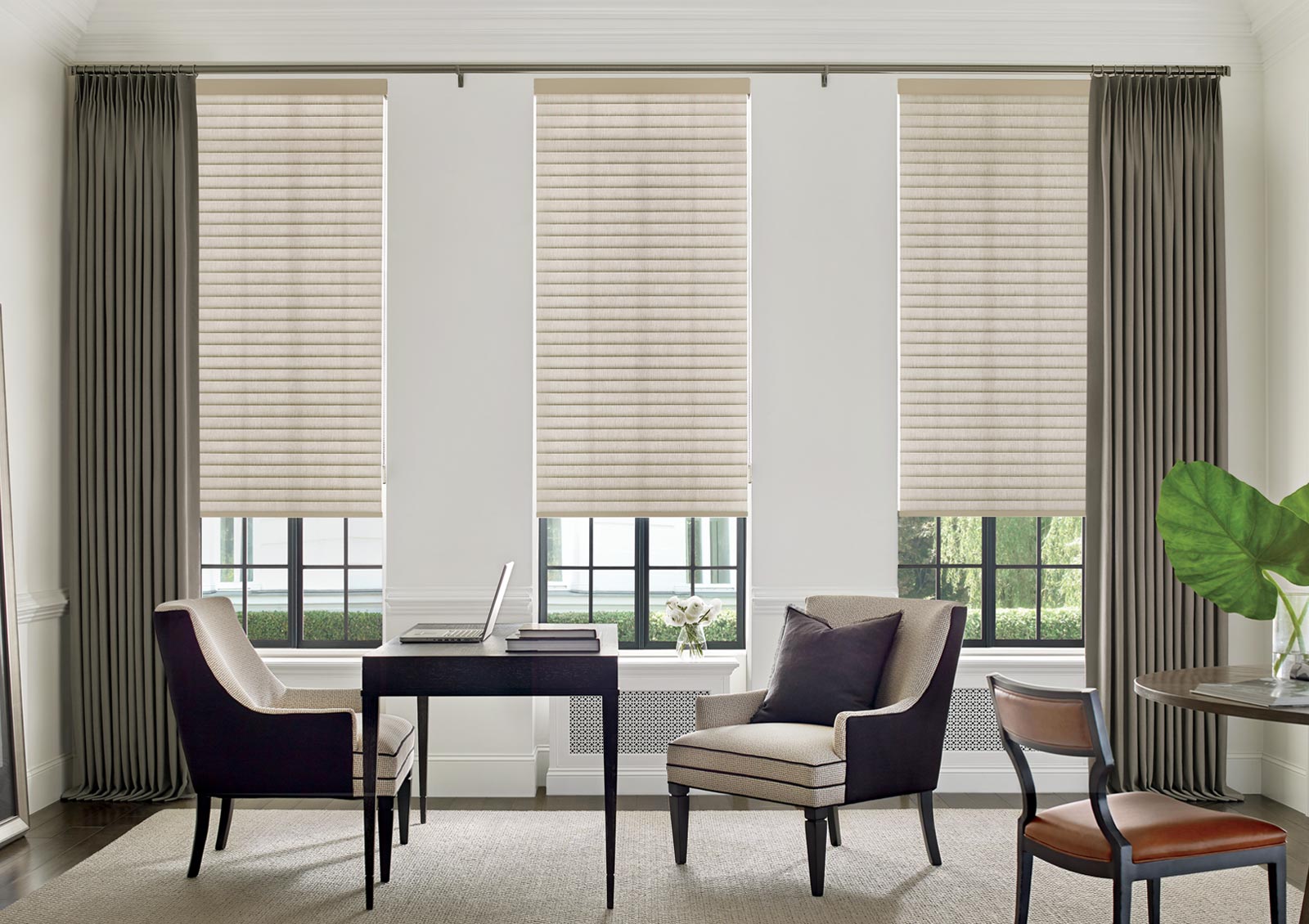 home office in Burnsville MN with cellular roller shades and side draperies