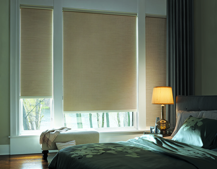 room darkening designer roller shades in bedroom of Minneapolis MN home