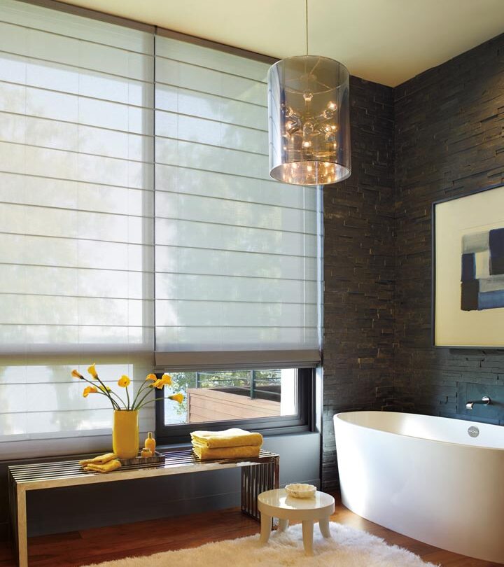 floor to ceiling blinds on bathroom window with large sheer roller shades in Maple Grove MN