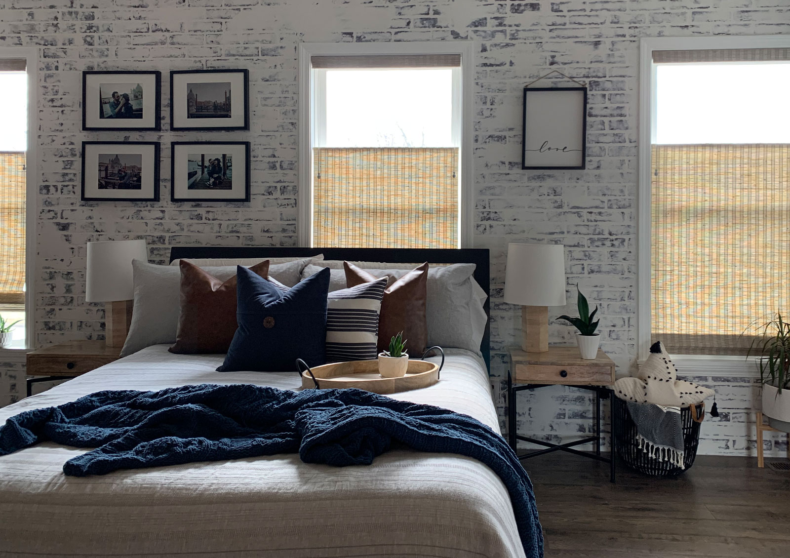 woven wood shades on windows of master bedroom with top down feature