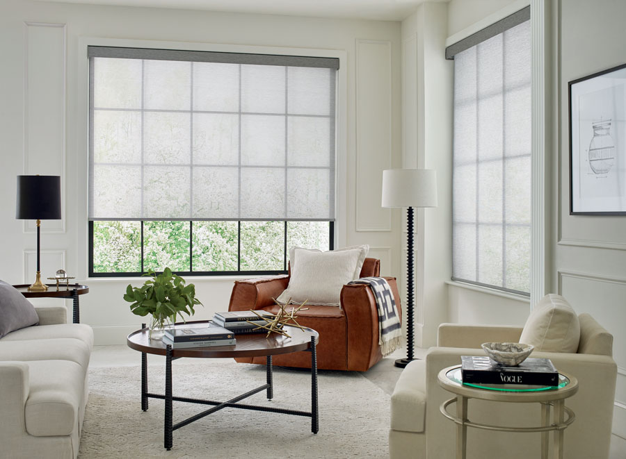 white screen shades on corner with black frames in St. Paul Minnesota