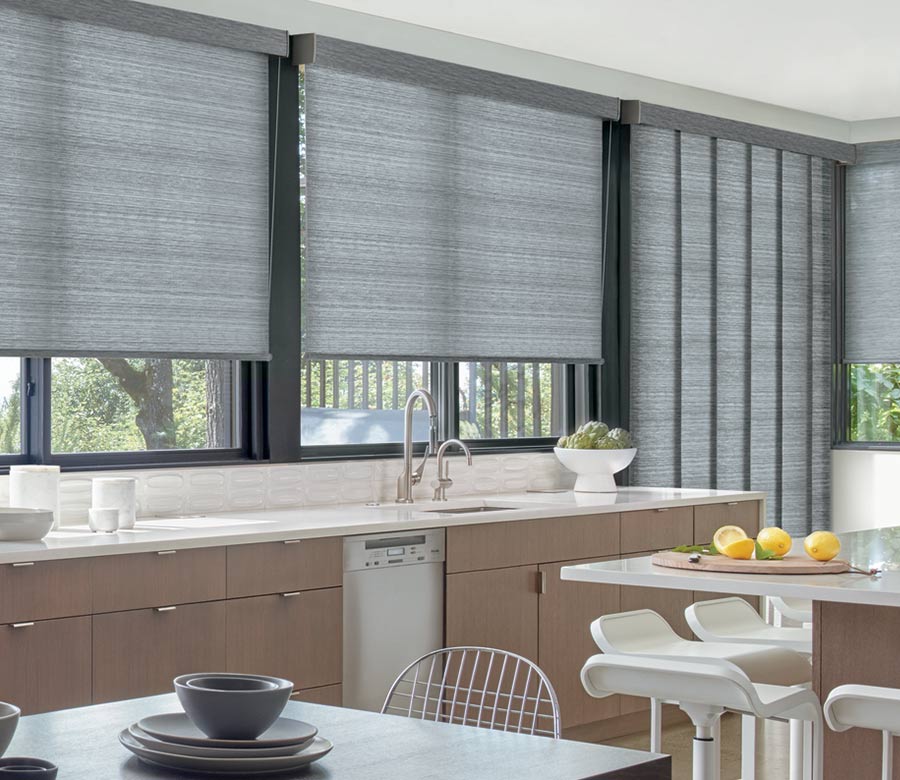 gray roller shades on kitchen windows with matching vertical shades covering door in St Paul MN