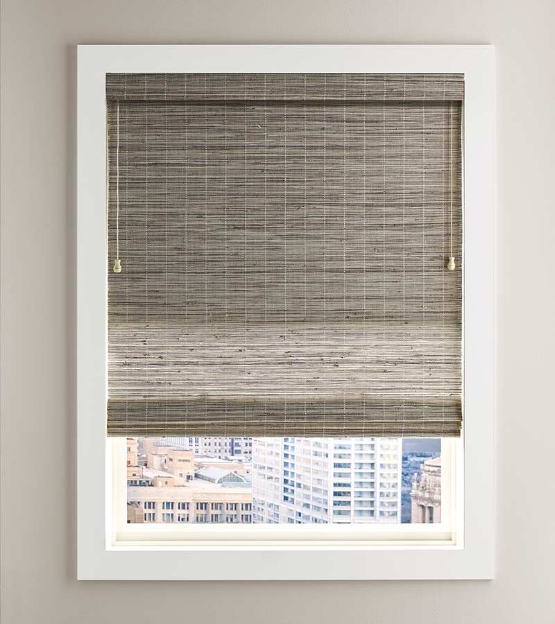 white framed window overlooking city with fabric shade in greige St. Paul 55113