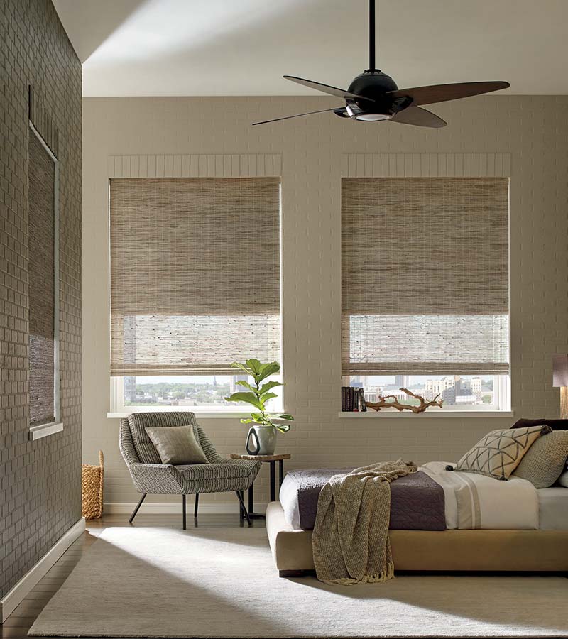 beige bedroom with woven wood shades in Maple Grove 55369