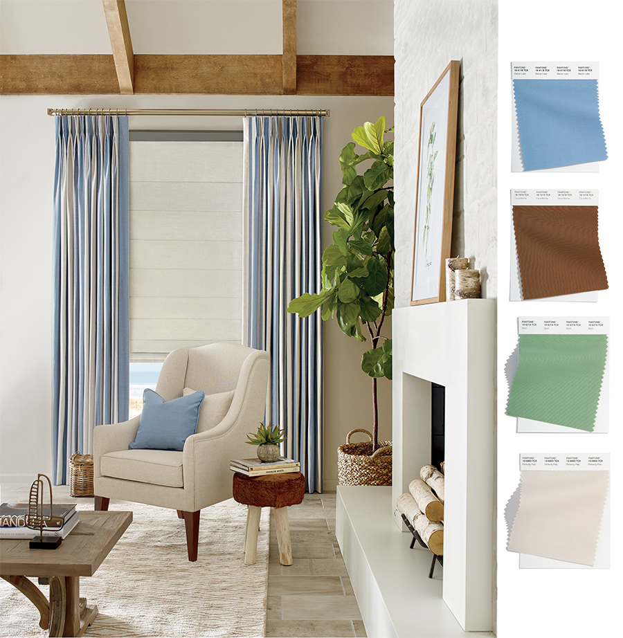 Calming color palette in living room and on draperies