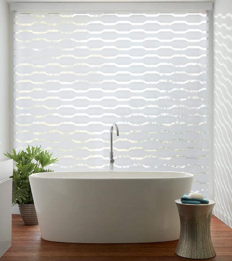 banded window shades with automation in white bathroom St. Paul MN