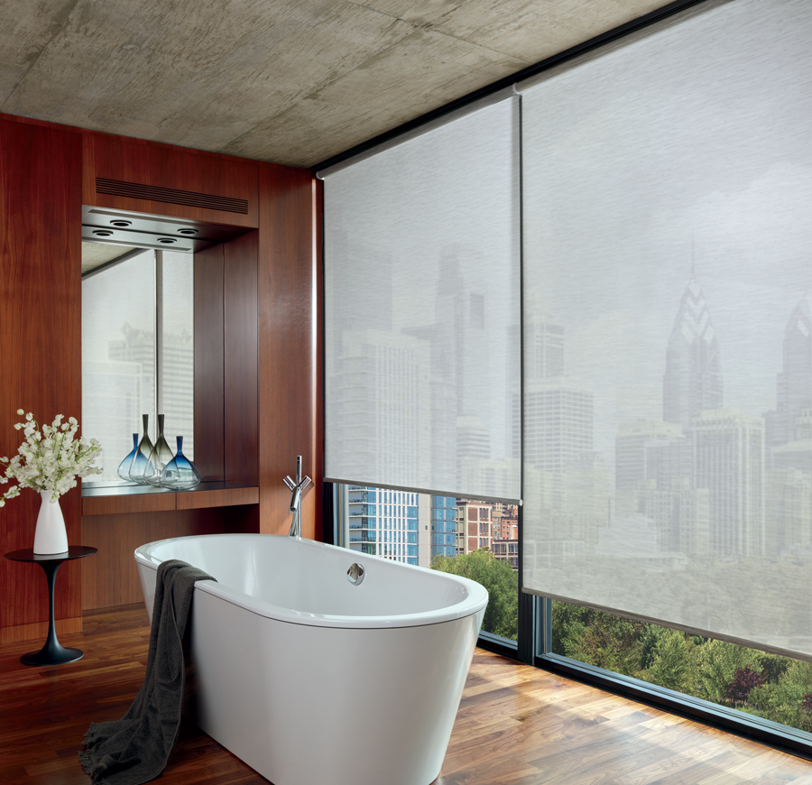 floor to ceiling bathroom windows with gray roller shades in Maple Grove MN