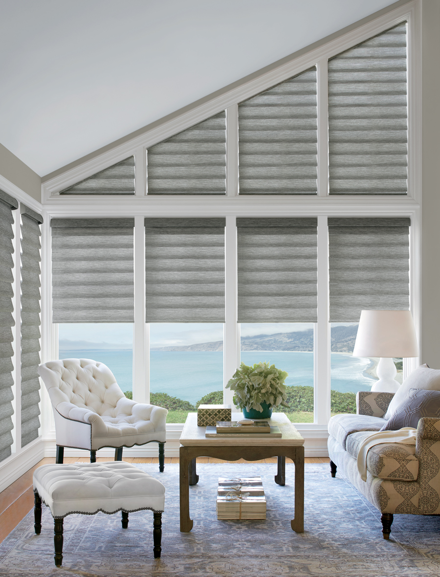 Hunter Douglas blinds offer uniquely-shaped windows in a living room covered with gray roman shades in Minneapolis MN