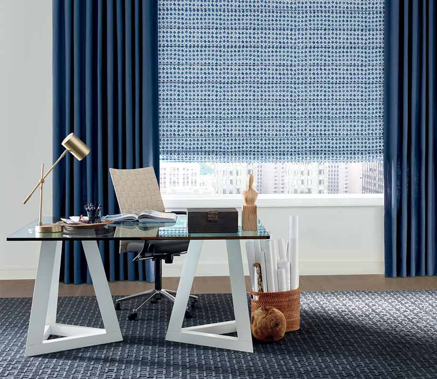 home office studio blue window treatments in Maple Grove, MN