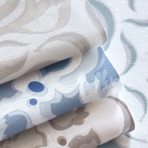 beige and blue patterned designer fabrics for window shades