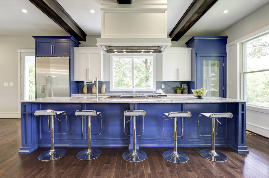 modern kitchen with bright periwinkle island 