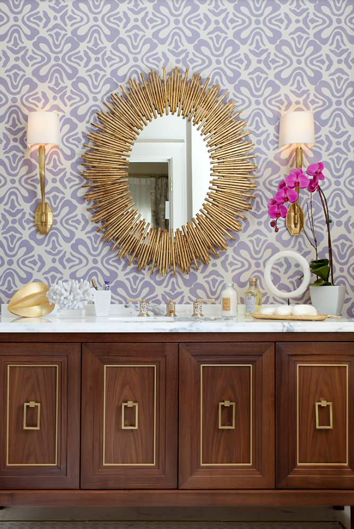 small bathroom with purple patterned wallpaper 