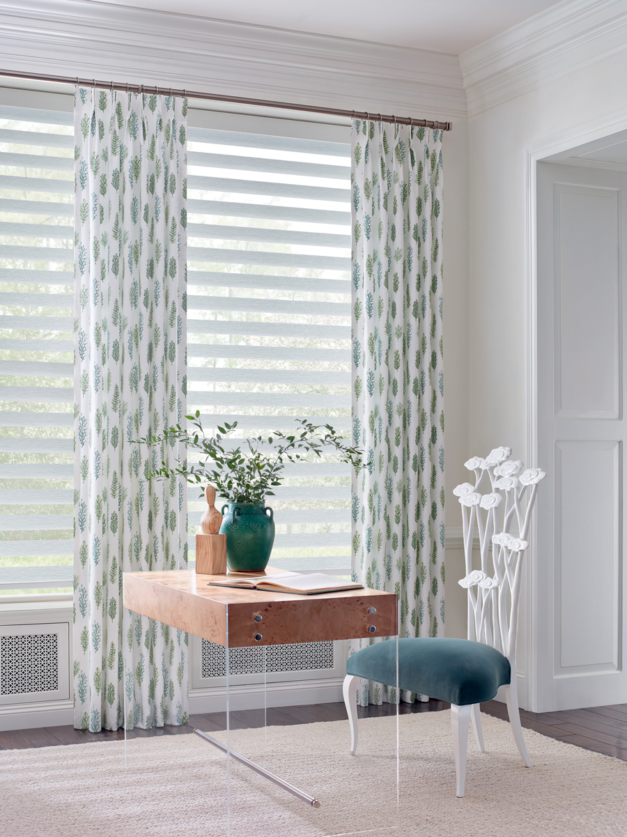 home office with white shades and soft greenery drapery