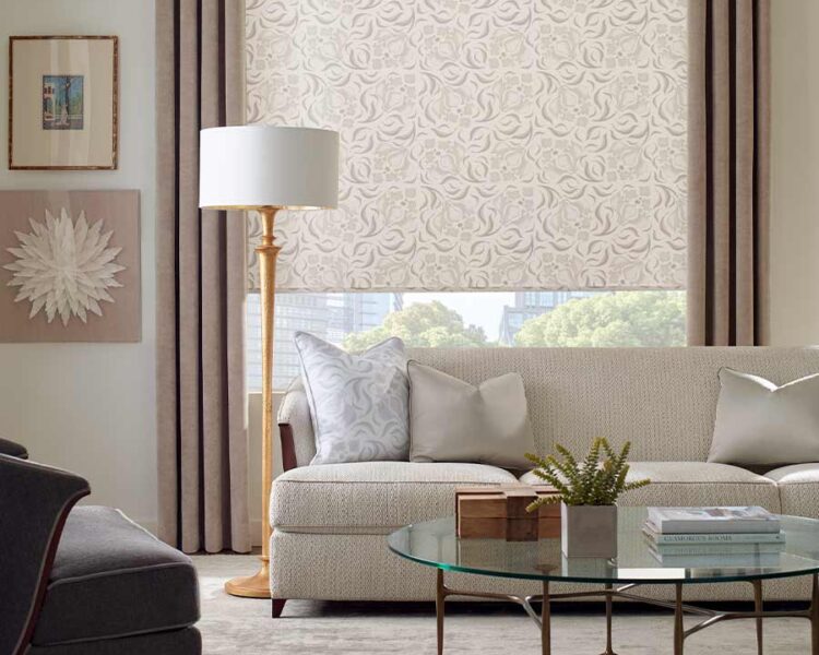 beige and cream living room with brown drapery and beige couch maple grove, mn
