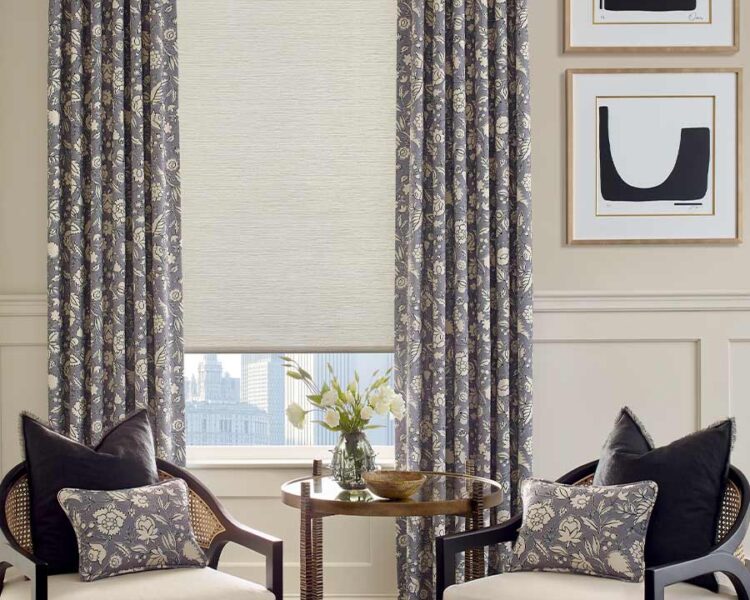 modern living room drapery in cream and lavender color overlaying automatic roller shades minneapolis, mn