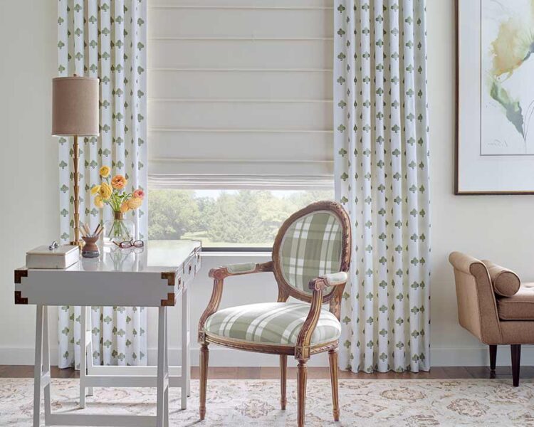 green and white home office space white and green curtains and cream roman shades for light filtering burnsville, mn