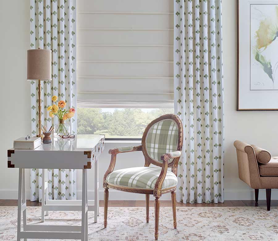 green and white home office space white and green curtains and cream roman shades for light filtering burnsville, mn